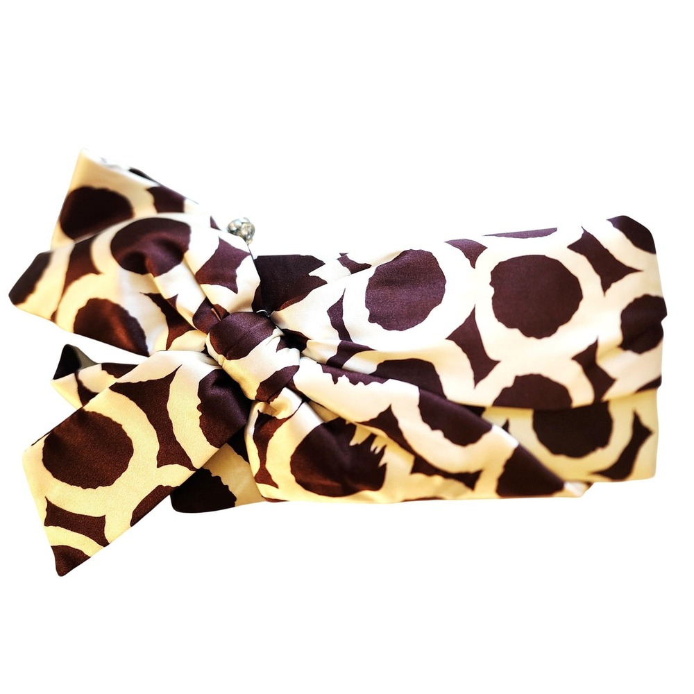 Steve Madden Bow Clutch OS NWOT Womens Brown Cream Print Satin Rhinestone Charm